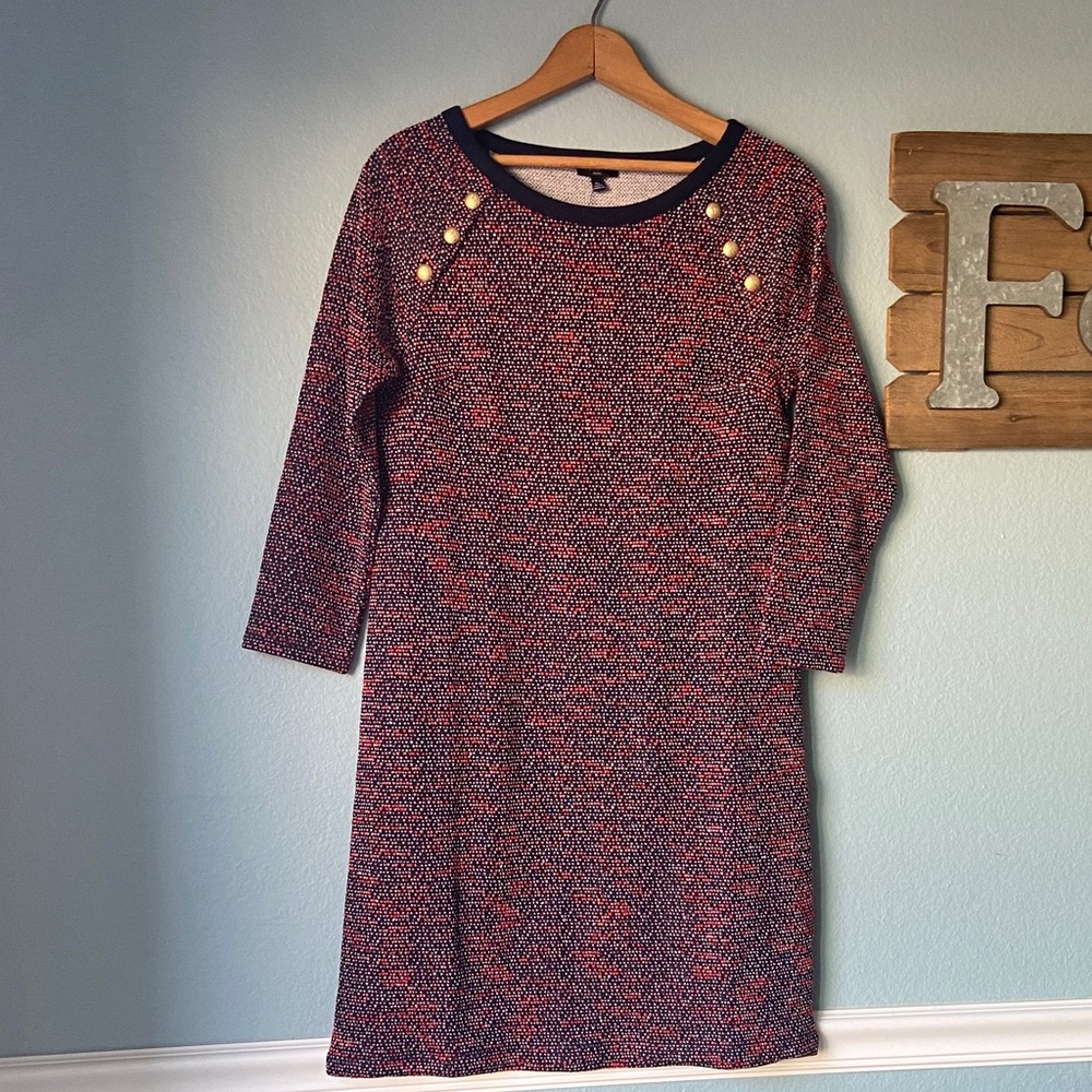 Talbots Navy and Red Textured Long Sleeve Dress